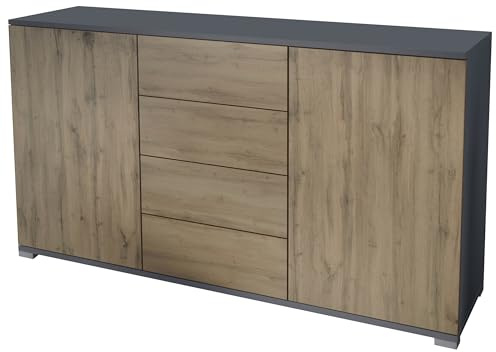 Vladon Sideboard Santo V1, Anrichte mit 2 Türen und 4 Schubladen, Anthrazit matt/Eiche Evoke (138,5 x 75,5 x 35 cm)