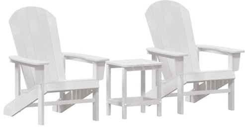 vidaXL HDPE 3-Piece Garden Lounge Set, White HDPE Adirondack Chair, 74 x 82 x 91 cm, HDPE Adirondack Side Table, White 38 x 38 x 45 cm