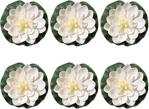 Hehglng 6 fiori di loto artificiali bianchi grandi fiori di loto galleggianti finti ninfea pesci stagno piante artificiali giglio pad accessori per la decorazione della casa