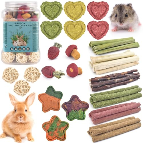 ERKOON 53 Stück Kaninchen Kauspielzeug Natürlich Timothy Heu Sticks Gras Kuchen Zahnpflege Molar, Chinchillas Kauspielzeug für Hasen, Meerschweinchen, Hamster