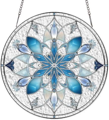 SUPERDANT Schneeflocke gemalt Buntglas Sonnenfanger Blaue Blumen gemalt Sonnenfanger für Fenster hängende Winterdekor für Fenster Garten Balkon Terrasse Handgefertigte Geschenke für Frauen Oma