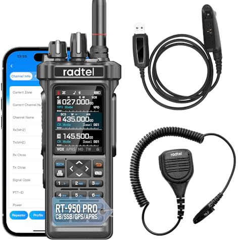 Radtel RT-950 PRO Ham Radio 27Mhz TX GPS/APRS, 10W Walkie Talkie Long Range Handheld Two Way Radio, AM/FM/CB/SW/MW/LW RX, Bluetooth APP Programming, NOAA (with Programming Cable，Microphone)