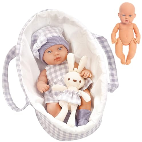 Kleinkind-Babypuppe, 30 cm Vinyl bewegliche gemeinsame Babypuppe mit Kleidung, Carrier-Bassinet-Bett und Hasenspielzeug, poable Babys Puppen für Kinder 1- 6 Jahre altes Weihnachtsgeburtstag (lila)