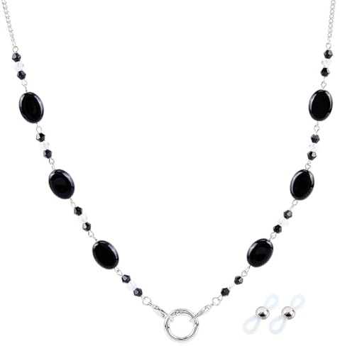 CREATCABIN 1 Box Black Glasses Chain Crystal Bead Eyeglass Chains Silver Metal Iron Oval Beaded Sunglasses Holder Necklace with Alloy Ring and Rubber Loop for Reading Eyeglasses Women Men 27.8 Inch