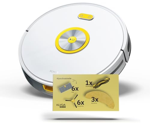 Klyna Saugroboter mit Wischfunktion + 16-teiliges Zubehör-Set I 2200 Pa, 60 dB, 150 Min Akku, 7 cm Höhe I Hauptbürste, Seitenbürsten, Filter, Wischtücher I Smart Home App, Alexa, Google Assistant I Se