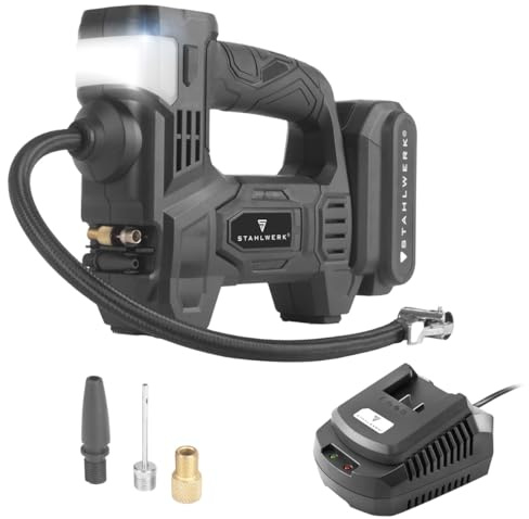 STAHLWERK Akku-Druckluftkompressor 72 Watt, 2 Ah Akku, Mini-Kompressor | Zum Aufpumpen von Reifen, Bällen und mehr, elektrische Luftpumpe mit Digitalanzeige und Beleuchtung, Luftkompressor