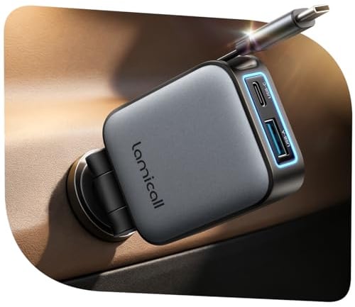 Lamicall 3 IN 1 Zigarettenanzünder USB C Auto Ladegerät Schnellladegerät | [Ultradünn - Um 75% Kleiner] 63W USB Adapter Auto mit einziehbar Typ-C Kabel/USB C/A, 24/12V KFZ Ladegerät für iPhone/Samsung