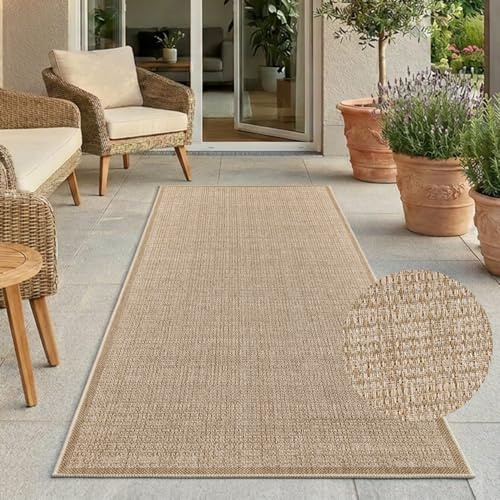 carpet city Outdoor-Teppich Wetterfest Braun 80x250 cm - Meliert, Bordüre, Sisal-Optik, Flachgewebe, Robust, UV-beständig & Witterungsbeständig - für Außenbereich, Balkon, Terrasse, Flur