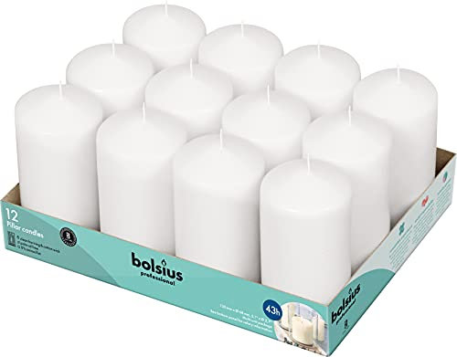 BOLSIUS Set mit 12 weißen Stumpenkerzen 2,75 x 12,7 cm geruchloses Kerzen-Set tropffreies und sauberes Abbrennen ohne Rauch, perfekt für Hochzeitskerzen, Partys und besondere Anlässe