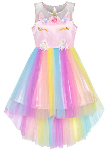 Sunny Fashion Vestito Bambina Fiore Unicorno Arcobaleno Principessa Festa 5 Anni