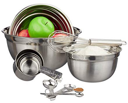 Relaxdays 12-Piece Kitchen Set, 3 Mixing Bowls, Measuring Cups & Spoons, Whisk, Stainless Steel, Kitchen Accessories, Silver