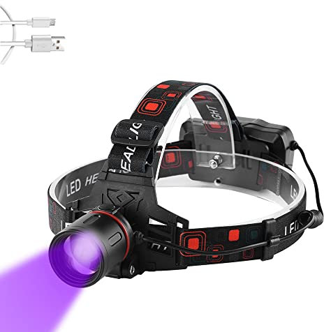 WESLITE UV Licht Stirnlampe, Ultraviolettes Stirnlampen Wiederaufladbare Schwarzlicht Scheinwerfer für Nachtangeln/Skorpione finden/Autoöl und HLK-Lecks/Fluoreszenzmittel (Weiß + Lila Licht)