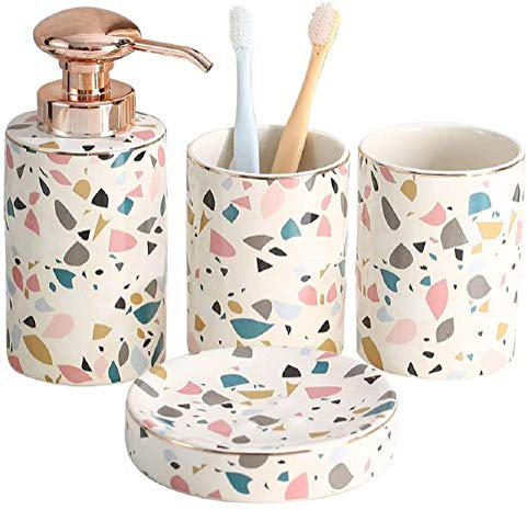 FülleMore 4-Teiliges Keramik Bad Accessoires Set Bunt Badezimmer Zubehör Set Badset Bad Zubehör Set,Seifenspender,Seifenschale,2xZahnputzbecher für Familie