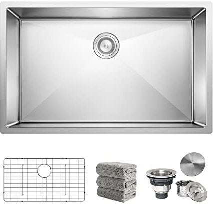 Kitchen Sink 30x18 Inch Undermount Sink Stainless Steel 16 Gauge Single Bowl Kitchen Sinks Set (5 Item Bundle: Sink, Bottom Grid, Drain Assembly, Drain Cap, Towel)