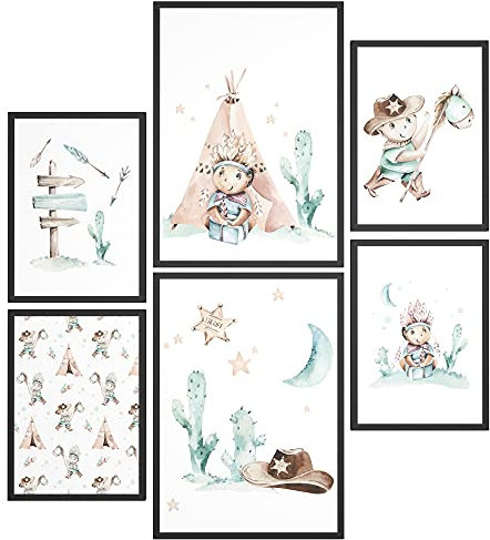 Papierschmiede® Bilder Kinderzimmer Kids Mood Poster Set Cowboys und Indianer, Kinderzimmer Bilder Babyzimmer Deko, 2x DIN A3 und 4x DIN A4, Tipi Kaktus Pferd - Kinderposter ohne Rahmen