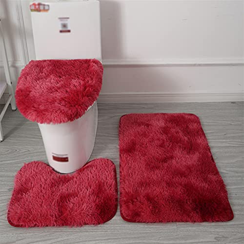 Lifup Badteppich Set 3 Teiliges, rutschfeste Shaggy Badematte, Flauschig Contour Badteppich, Langflor Toilettensitzbezug Tie Dye Weinrot