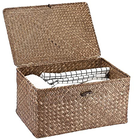 Hipiwe Wicker Shelf Baskets Bin with Lid Large Handwoven Basket Box, Coffee