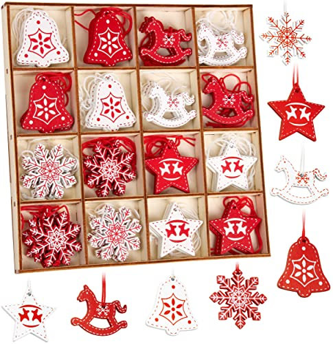 BRUBAKER 48-TLG. Weihnachtsanhänger Set - Baumschmuck Rot Weiß aus Holz 3-4 cm - Schaukelpferde Sterne Glocken - Dekohänger Weihnachten - Holzanhänger Weihnachtsbaum - Christbaumschmuck