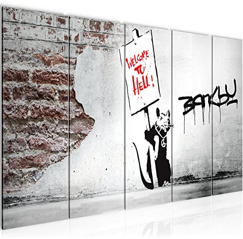 Runa Art Wandbild XXL Banksy Graffiti Zitat Ratte mit Shild Loft Wohnzimmer 200 x 80 cm Schwarz Grau Rot 5 Teilig - Made in Germany - 040455c