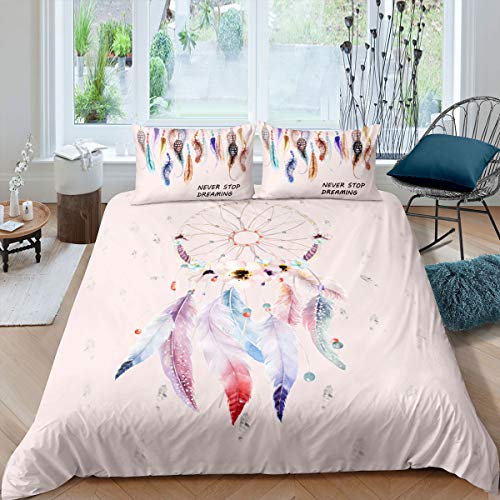 Homemissing Parure de lit Attrape-rêves pour Filles - Parure de lit bohème - Housse de Couette Florale pour Enfants - Décoration de Chambre - Plume colorée - Rose - Couvre-lit léger 220 x 240 cm