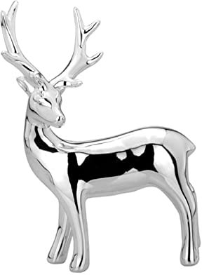 Große stehende Porzellan Deko Rentier Figur - silbern glänzende Hirsch Weihnachts-Deko zum Hinstellen Höhe 17 cm