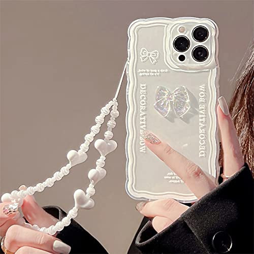 Tybiky iPhone 13 Mini Case Silicone Cover with Glitter Pearl Wrist Strap Chain Glitter Flower Pattern Bracelet Protection Wave Edge TPU Pearl Design Women Girl Case for iPhone 13 Mini.