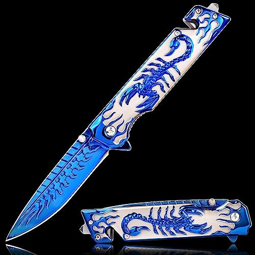 Vividstill Taschenmesser für Männer, cool Klappmesser mit 3D Skorpione Reliefgravur, gute Geschenk Edc Messer für Männer Outdoor Überleben Camping Wandern Jagdmesser (blau)