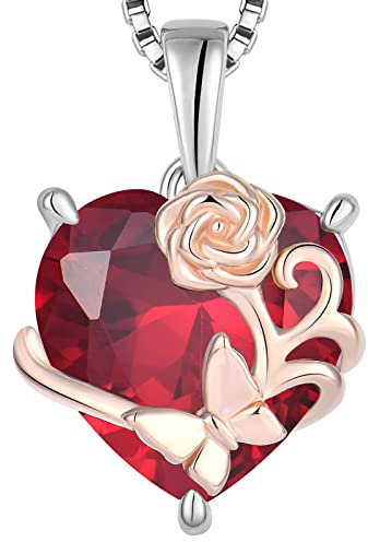YL Collana Rosa Cuore in argento 925 con ciondolo rubino in pietra di nascita di luglio per donna