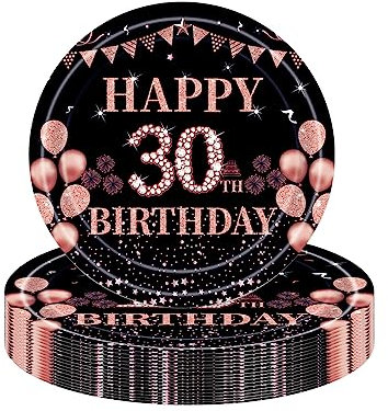 COSORO 16Pcs Black Rose Gold 30th Birthday Paper Plates 9inches,Birthday Tableware Party Plate Disposable,Happy 30th Birthday Table Decorations Plates Birthday Gifts for Women,Her 30th Birthday Décor