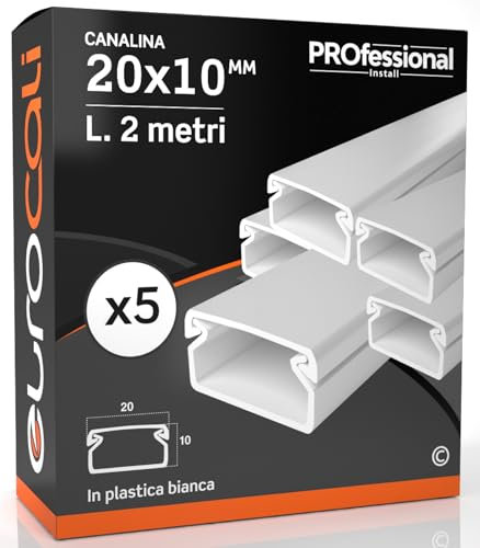 Canalina Passacavi 20x10 mm in plastica bianca con coperchio Lunghezza 2 metri - Pacco da 5 Canaline (10m)