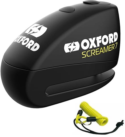 Oxford Screamer 7 Alarm Disc Lock Black LK289 with Yellow Reminder Cable For Motorcycle Scooter Motorbike Security