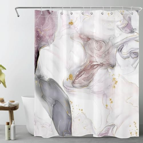 LB Abstrakter Marmor Duschvorhang 150x200cm(BxH) Lila, Grau und Weiß Geometrisch Antischimmel Wasserdicht Badezimmer Vorhänge, Gold gestreift Extra Lange Polyester Stoff Bad Vorhang mit Haken