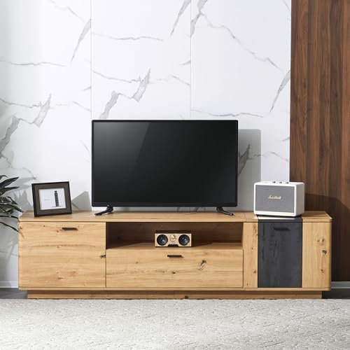LILIIN 180cm TV-Schrank, TV Lowboard für Fernseher bis zu 80 Zoll, Fernsehtisch mit cleverer Stauraum, Fernsehschrank ernsehtisch tv Cabinet tv Bank TV möbel- Holzmaserung