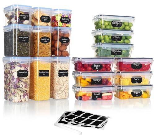 Hibisaws Ensemble De 18 Boîtes De Rangement Et organisation De Cuisine : 9 Boîtes Empilables Bleues Pour Placard Pour Noix, Pâtes, Et 9 Bocaux Noires Pour Conservation, Transport Et Frigo - Sans BPA.