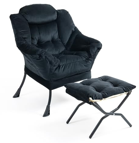 TIANSHU Samt Sessel mit Hocker, Relaxsessel mit Nackenstütze Sessel Wohnzimmer mit Metallbeinen Stabil Loungesessel Ohrensessel Sessel für Schlafzimmer Arbeitszimmer Balkon (Schwarz)