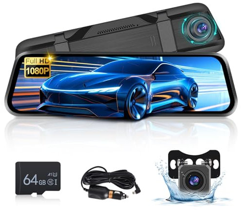 NHOPEEW Espejo Retrovisor Coche para Coches con Pantalla táctil IPS de 9,66 Pulgadas - 1080P Retrovisor Coche con cámaras duales - Construido en G-Sensor de Gran Angular IP68 Resistente al Agua
