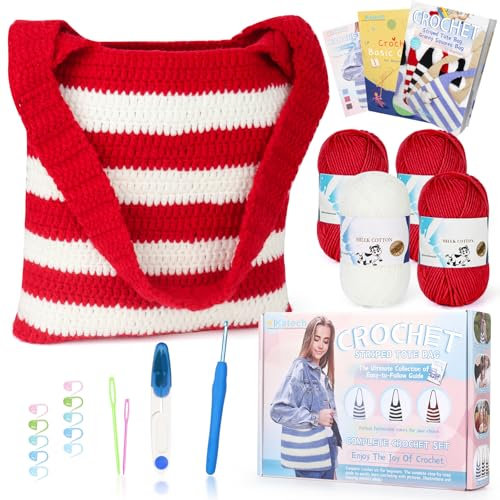 Katech Häkelset/Strickset für Gestreifte Tasche, Häkelnadel Set mit Anleitung & Video-Tutorial, Häkelzubehör Baumwolle zum Häkeln, Stricken Anfänger Set, Häkelset für Anfänger (Rot)