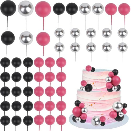 CORNER LACE 52 Pcs Cake Decorations for Girls Women - Rose Pink Black Silver Ball Dessert Picks Cake Cupcake Toppers, Birthday Party Baby Shower Gender Reveal Cake Supplies