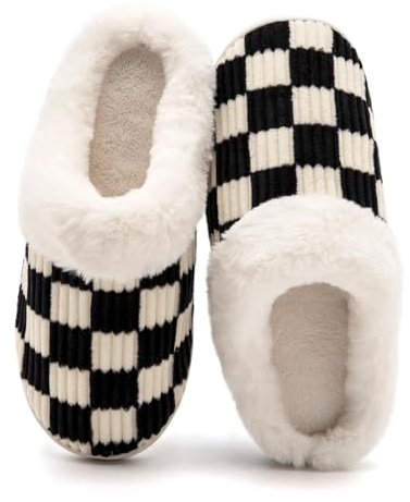 Waysoland Slippers for Men and Women, Fluffy Women's Plush Slippers Made of Memory Foam Checked Non-Slip Sole for Bedroom Winter Slippers for Indoor Outdoor Use with Fur Lining, Fluffy black, 6/7 UK