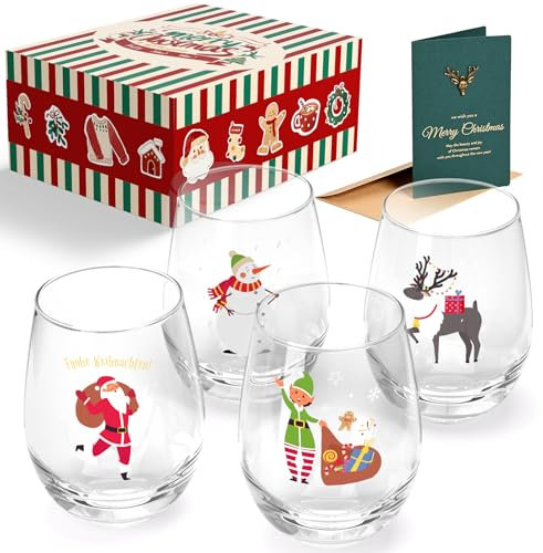 Joymaking Christmas Wine Glasses Set of 4 - Drinking Glassware for Mulled Wine, Happy Holiday Glass 17oz
