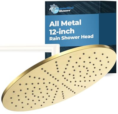 HammerHead Showers® All Metal Rain Shower Head 12 Large Rain Shower Head 2.5GPM High Flow Shower Head Optimized for Pressure Wall or Ceiling Rain Shower Head Brushed Gold