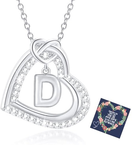 Esmoly Kette Damen Silber Necklace Women Zirkonia Herz Anhänger Kette mit Buchstaben A-Z Halskette Damen mit Kasten Geschenke für Frauen Freundin 17.2+2 Inches (Silber D)