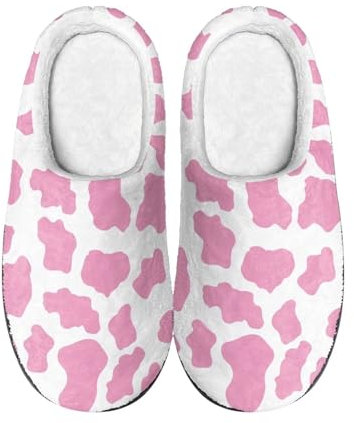 PAQGSREM Damen Herren Pelzige Warme Hausschuhe Slip On Warme Hausschuhe Indoor/Outdoor Geschlossene Zehen Flauschige Hausschuhe, Rosa Kuhfell-Aufdruck, 46 EU