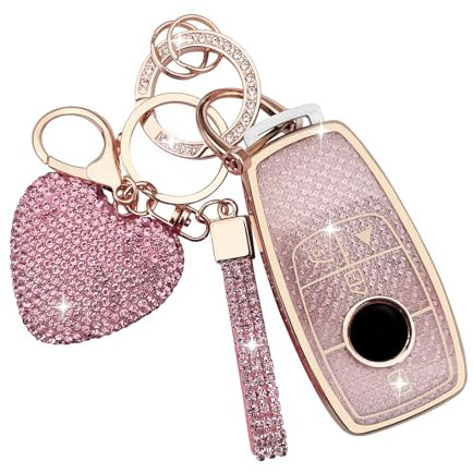ZVRSUA Autoschlüssel hülle Cover mit Diamant Bling Schlüsselanhänger aus Weichem TPU,für Mercedes Benz 2019–2021 A-Klasse C-Klasse G-Klasse 2017–2020 E-Klasse S-Klasse(Rosa)