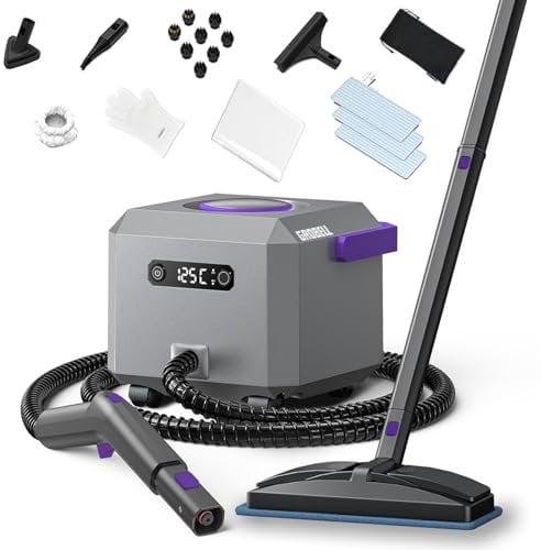 GROBELL Steam Cleaner: Fast 50-Sec Heat-Up Refill Anytime-No Cooling Multi Portable Handheld Steamer Mop for Home Car Upholstery Bed Furniture Bathroom Tile Grout Floor Cleaning Grey