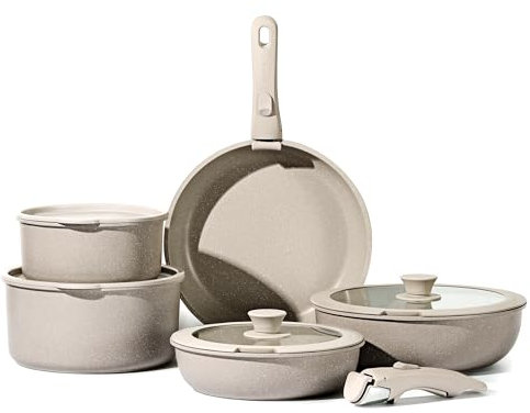 CAROTE 11pcs Pots and Pans Set Non Stick, Detachable Handle Cookware, Almond