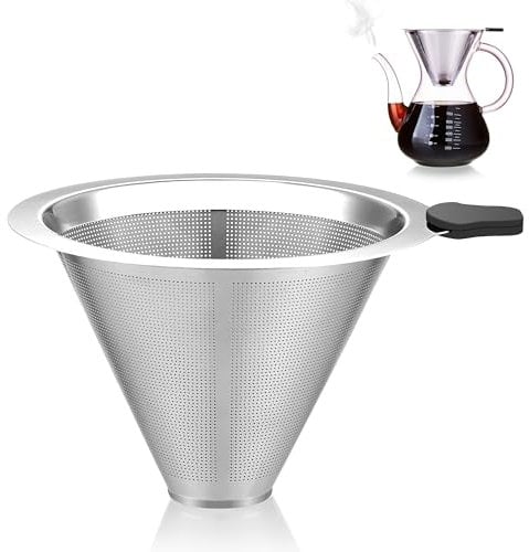 MESNEY Pour Over Coffee Filter, Reusable Pour-Over Coffee Dripper with Fine Mesh Design, Eco-Friendly Cone Coffee Strainer for Home and Office, Stainless Steel