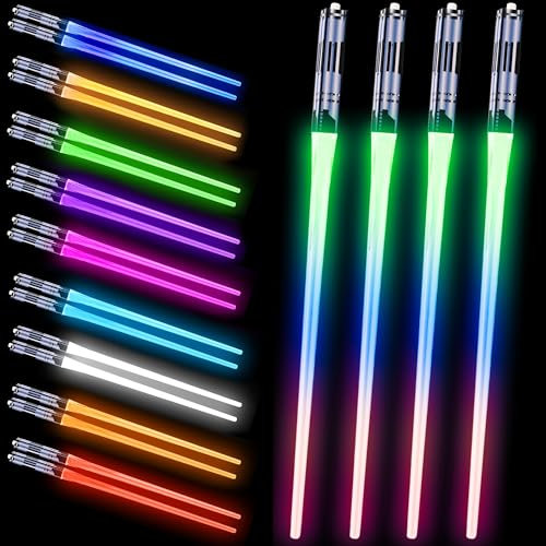 Joycabin 2 Paar Leuchtende Essstäbchen, LED Lichtschwert Essstäbchen mit 9 Farbmodi, BPA Frei und Lebensmittelecht, Lightsaber Chopsticks Wiederverwendbar für Küchen Dinnerparty Sushi Besteck (Stil C)