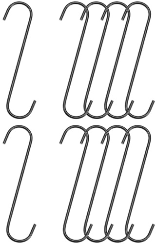 TOP-VIGOR 10Pcs S Hook, 200mm Hanging Hooks, Extra Long Non Slip Hangers, Kitchen Pot Pan Hanger Clothes Storage Rack for Bathroom, Bedroom, Closet, Office and Kitchen, Garden, Black