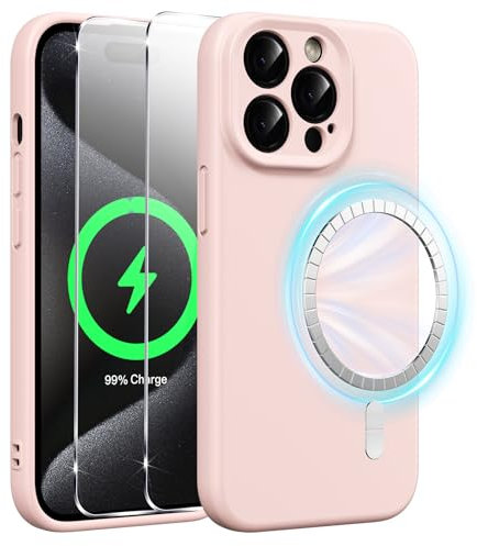 Xiltlly Coque Magnétique en Silicone pour iPhone 15 Pro 6,1 Pouces avec 2 Verre Trempé, Compatible avec MagSafe Aimants Intégrés, Étui Housse Antichoc Anti-Rayures Case pour iPhone 15 Pro, Rose